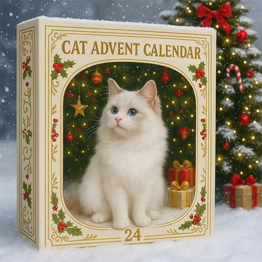 Scatola con immagine di un gatto bianco e la scritta Cat Advent Calendar